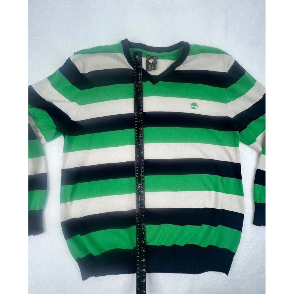 Timberland Mens V Neck Striped Sweater Green Navy Cream‎ XL Regular Fit Cotton